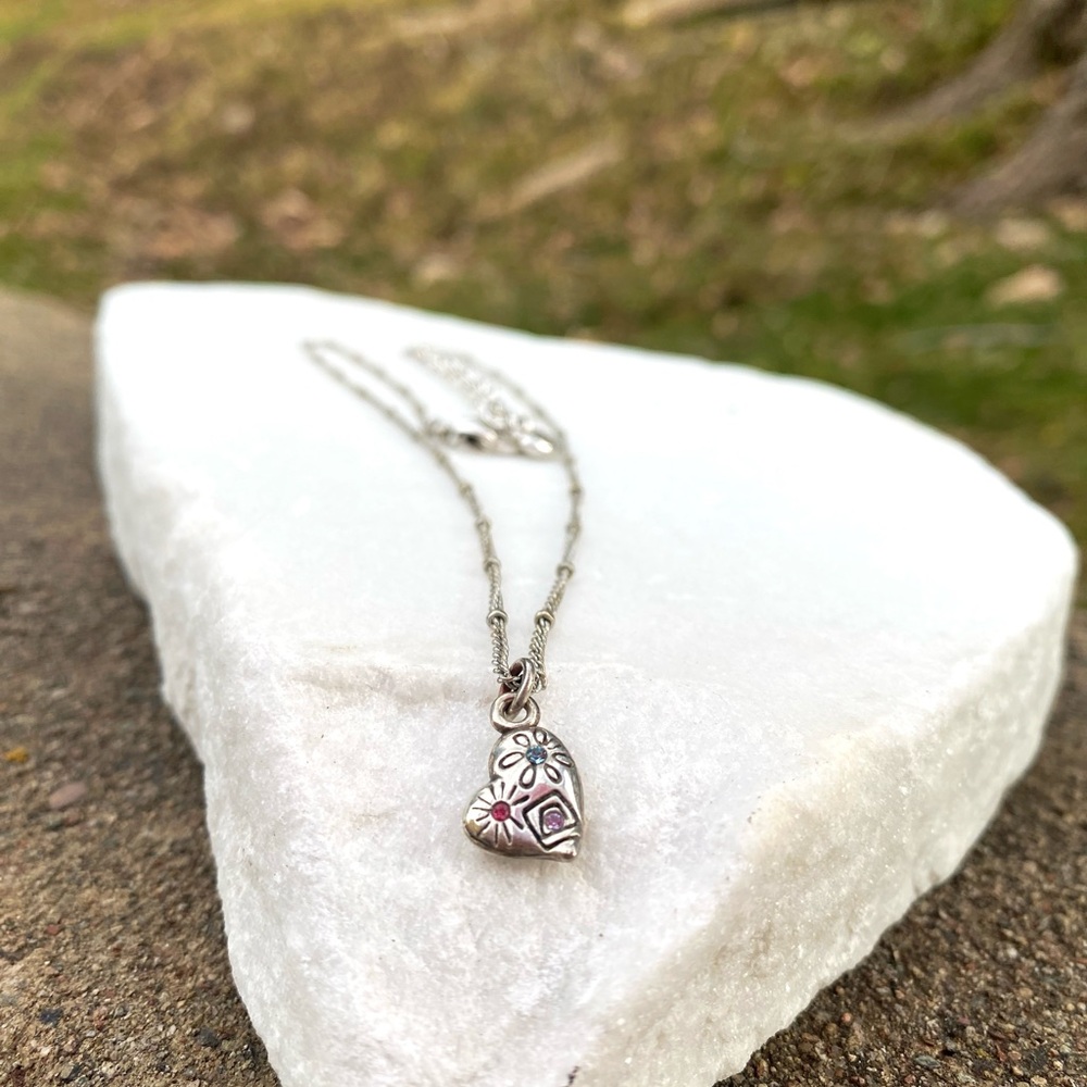 Brighton Sterling Silver Charn Heart Necklace Crystal Floral and Sun Accents